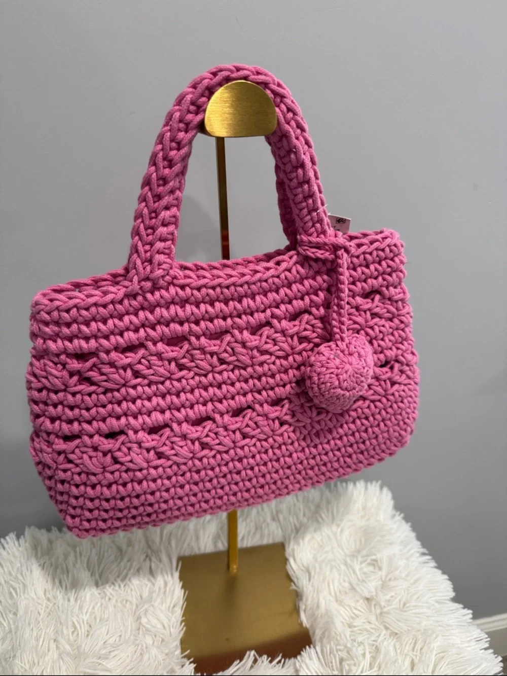 Pink Crochet Tote Bag with Pom Accent